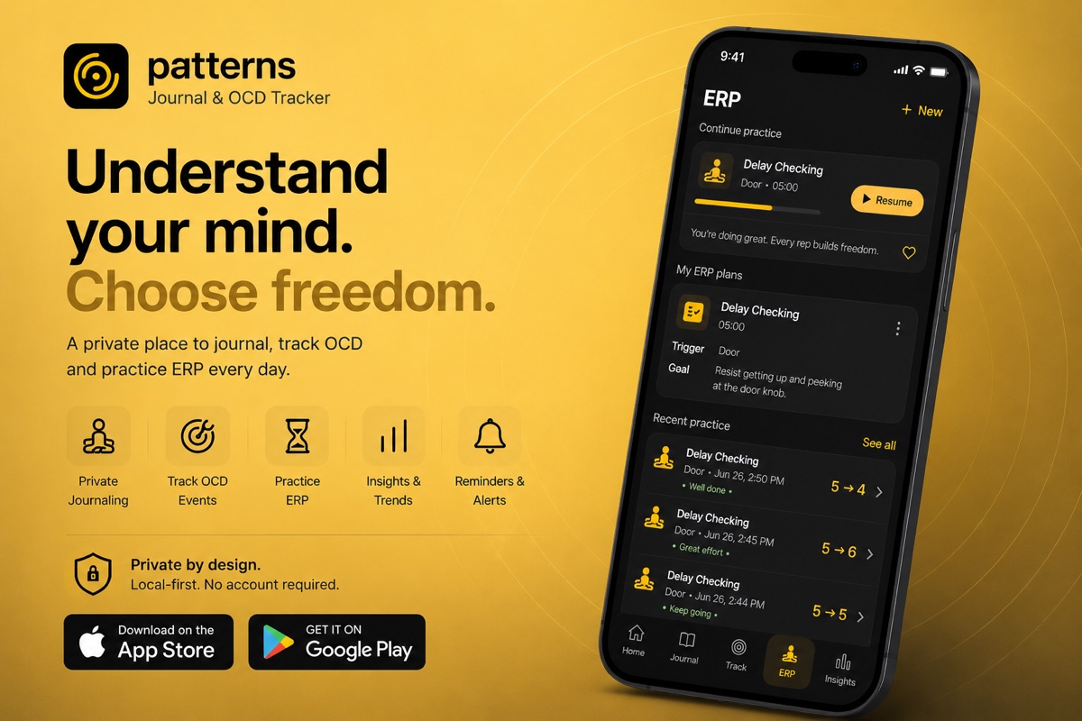 Patterns mobile app for private journaling, OCD event tracking, ERP practice, insights, and reminders